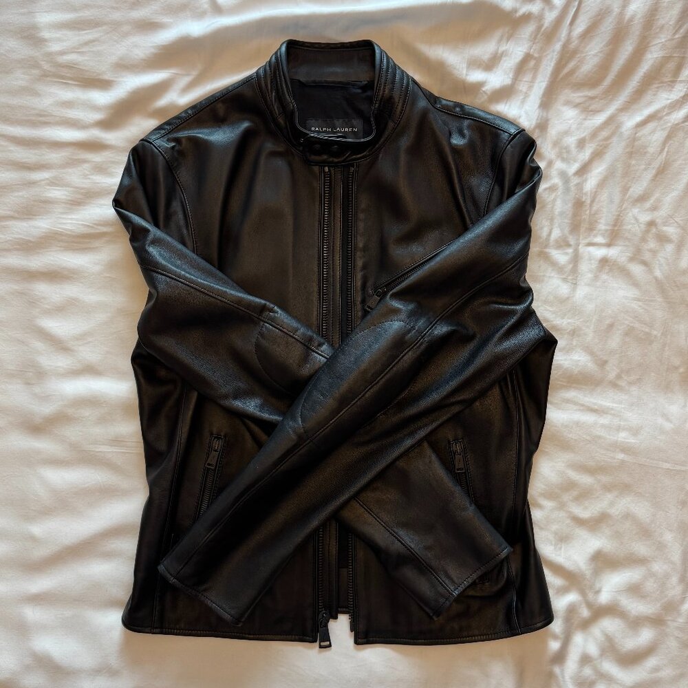 Ralph Lauren Black Label Lambskin Leather Moto Jacket Small Black
